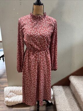 Women's Rust Floral Long-Sleeve Midi Dress
